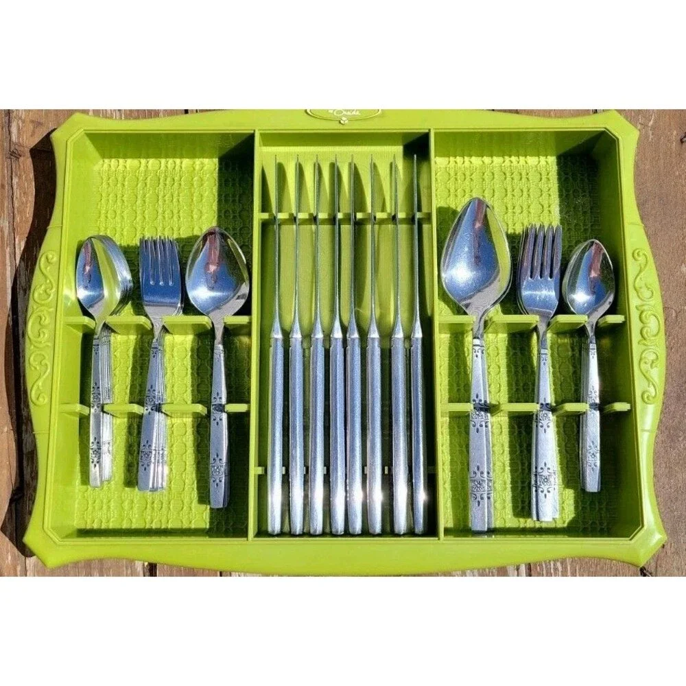 Oneida Orlando Profile Stainless 41-piece Service set w/ tray Green 1960's MCM